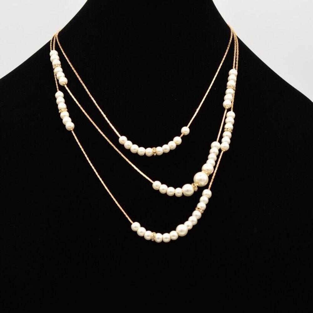 Vintage Station Multi-Chain Necklace Pearl White Beaded Crystal Gold 1990s Bin6B